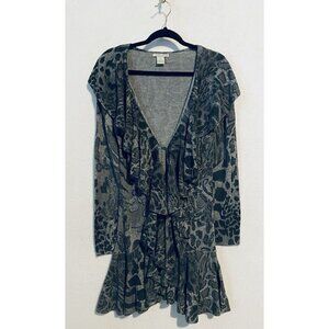 Alberto Makali Cardigan Sweater Womens Medium Gray Animal Print Ruffle Wool Boho